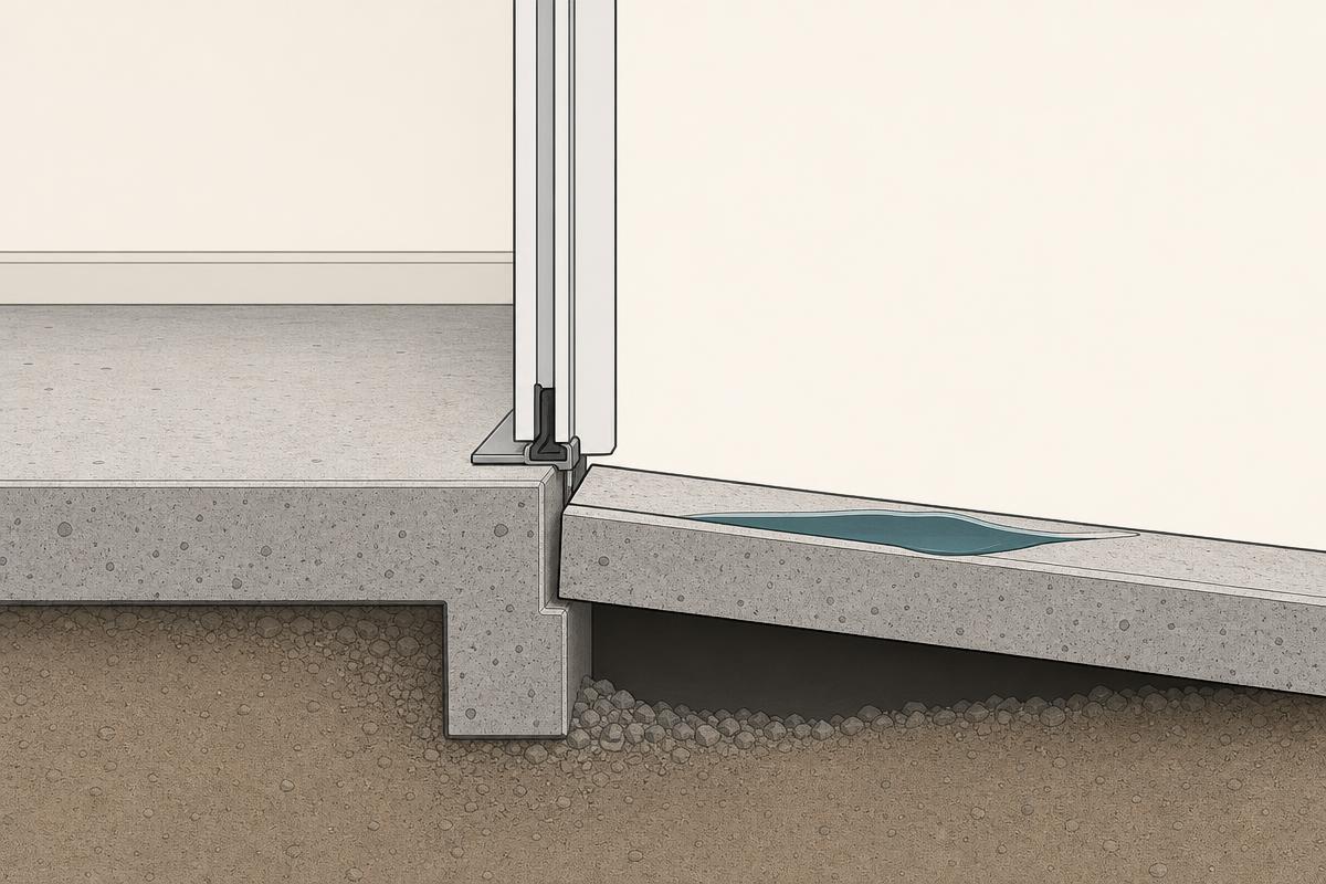 Cross-section diagram showing a garage floor slab at its original height beside a driveway apron slab that has tilted and dropped, leaving a step and gap at the garage door line with a void beneath and water collecting in the low area