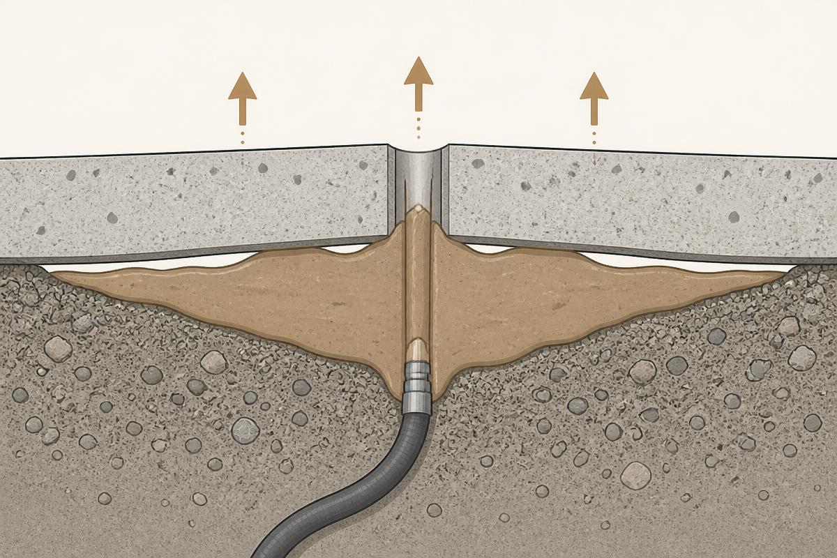 Cross-section diagram of a hose pumping thick cement slurry through a hole in a concrete slab, filling the void underneath and lifting the slab