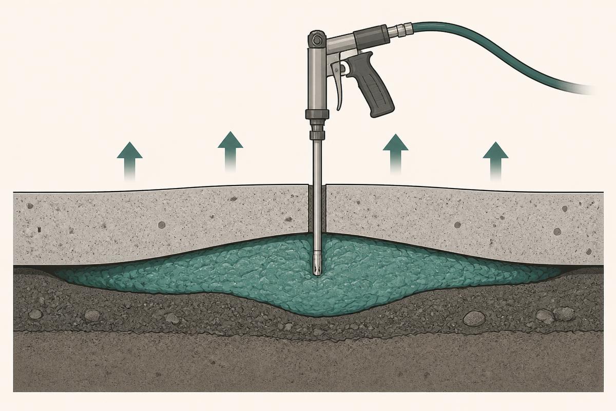 Cross-section diagram of an injection gun in a small drilled port, with expanding polyurethane foam filling the void under a concrete slab and arrows showing the slab rising
