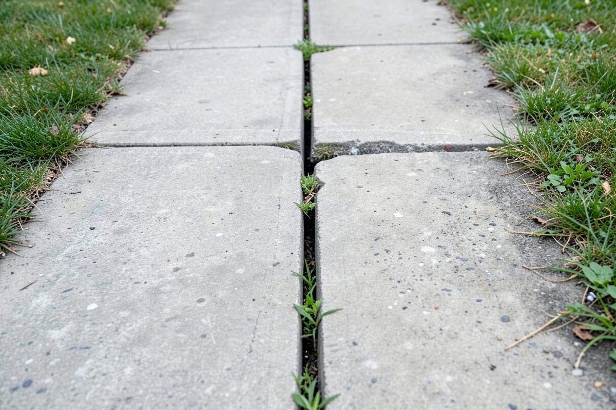 Residential concrete sidewalk with a vertical offset between two slabs, forming a raised edge across the walking path
