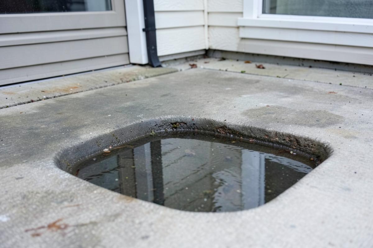 Standing rainwater collected in a low section of settled exterior concrete beside a house wall